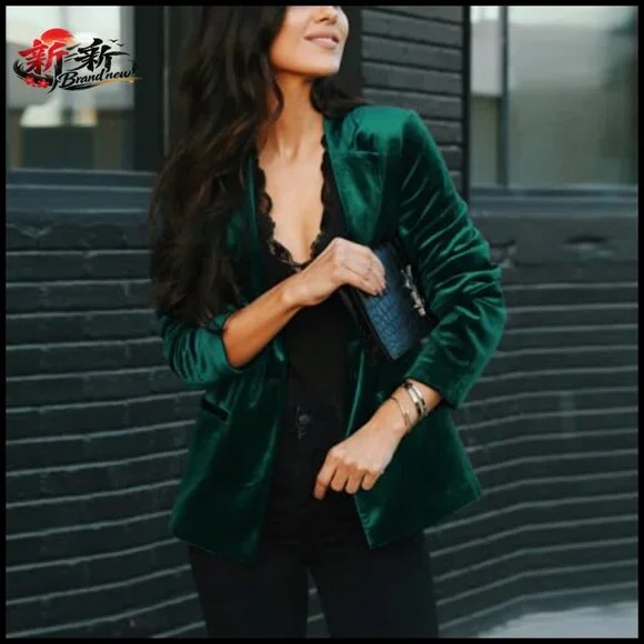 Velvet Blazer Jacket Long Sleeve Button Front Notch Collar Pockets - Picture 2 of 6